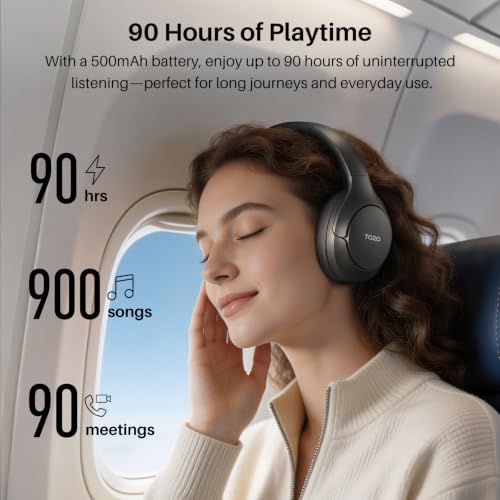Image of TOZO HT3 Hybrid Noise Cancelling Headphones, 90H Battery Life Wireless Over Ear Bluetooth 6.0 Foldable Headset, AI Voice Assistant with 5 Mics, Connect 2 Devices and Hi-Res Sound, 32 EQ Audio Presets