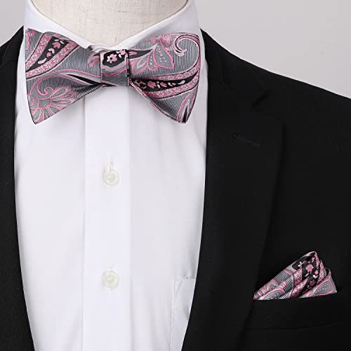 Image of HISDERN Suspenders for Men Paisley Floral Bow tie Suspender Pocket Square Sets Adjustable Y Shape 6 Clips Wedding Braces