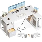 Coleshome Schreibtisch mit 2 Schubladen und Regal, 160×80 cm Eckschreibtisch mit Stauraum und Steckdose, Umkehrbarer Gaming Tisch für Homeoffice & Familienecke, Weiß