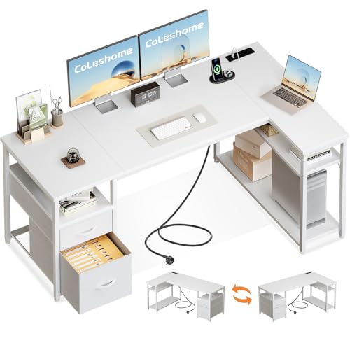 Coleshome Escritorio Esquinero con Cajones de Tela, 160x80cm Escritorio en L con Estantería Reversible, Mesa en L con Enchufes y Puertos USB para Oficina Trabajo en Casa y Juegos, Blanco