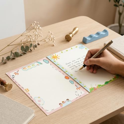 Image of HASTHIP 48 Pcs Letter Writing Paper - 6 Style A4 Project Papers with European Retro Borders, Double Sided Decorative Letter Sheets for Invitations Projects, Assignments, Holiday homework