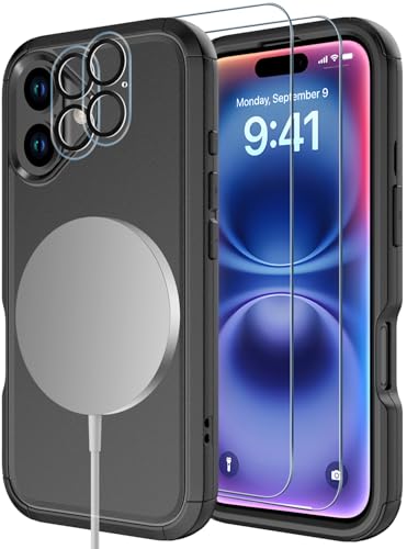 Image of Diverbox for iPhone 16 Plus Case [Compatible with MagSafe][Shockproof] [Dropproof][Tempered Glass Screen Protector + Camera Protectors] Heavy Duty Protection Cover for iPhone 16 Plus (Magnetic Black)