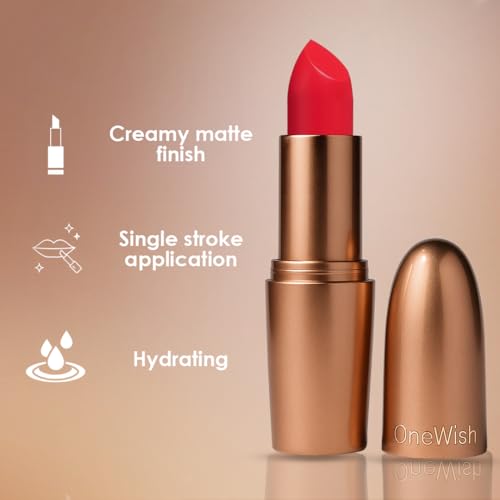 Image of One Wish Creamy Matte Lipstick Long Lasting for Women - Baddie Red Shade 17 | Full Coverage | Creamy Formula | No Flaky Lips | No Dryness| High-Pigment | SPF | Vitamin E, Almond Oil & Shea Butter for Moisturising Lip | 8 Hrs Lasting | Smooth Finish | 3.8 gm