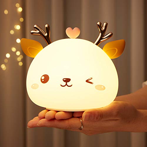 Veilleuse Bebe,Veilleuse Enfant Rechargeable LED,Lampe de Chevet,Veilleuse Adulte Fille Garcon 7 Couleurs Portable en Silicone,Lampe Cerf Multicolore avec ContrôLe Tactile,Cadeau Anniversaire Femme