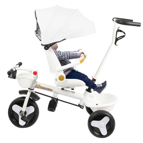 Cochecito triciclo de pedal, 4 en 1, triciclo infantil evolutivo, cochecito triciclo de pedal, y parasol plegable extraíble y caña parental ajustable, 100 x 75 x 50 cm, color blanco