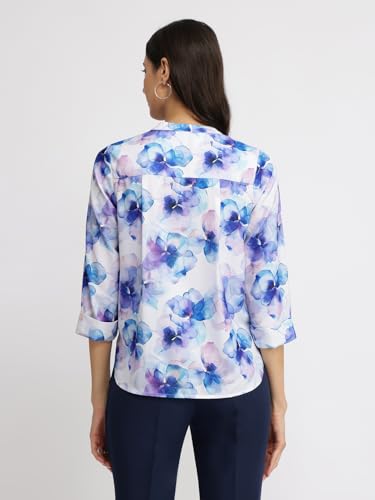 Image of FableStreet Women Shirt Work & Casual | Relaxed Fit Mandarin V-Neck Three-Quarter Sleeves Solid Pattern | Breathable Woven Fabric for Office & Everyday Wear