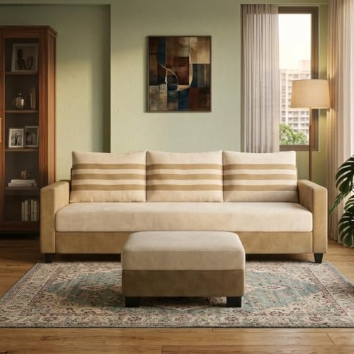 Image of Cavina 4 Seater L Shape Sofa Set with Movable Ottoman | Flexible Left or Right Layout | Luxury Velvet Suede Fabric | Modern Living Room Sofa | Cream-Beige
