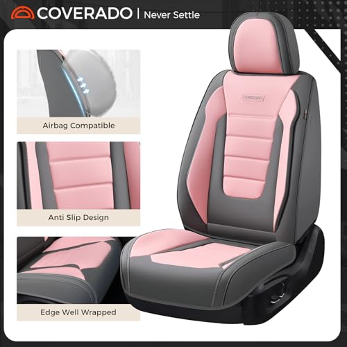 Image of Coverado Car Seat Covers Front, Seat Covers for Cars, Waterproof 2-Pack Car Seat Cushions, Leather Carseat Seat Protectors, Universal Seat Covers Fit for Most Sedans SUV Pick-up Trucks(Gray&Pink)