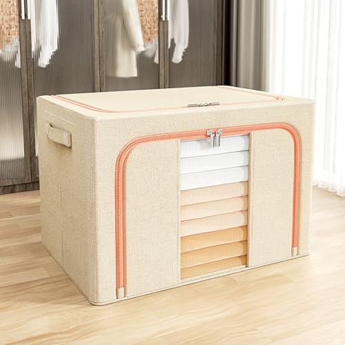 Image of HOKIPO 100L Wardrobe Organiser for Storage for Clothes, Extra Large Foldable Storage Box, Sand Beige Pack of 1 (AR-6674-BGE)