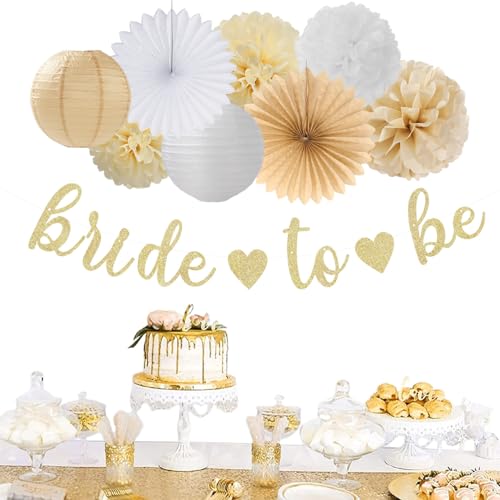 Image of Champagne Gold White Bridal-Shower Party-Decorations - 31pcs Bride to Be Banner,Boho Neutral Bachelorette Paper Lanterns,Wedding Streamers Garland,Tissue Pom Poms Flower Fan Decor Supplies Burgleda
