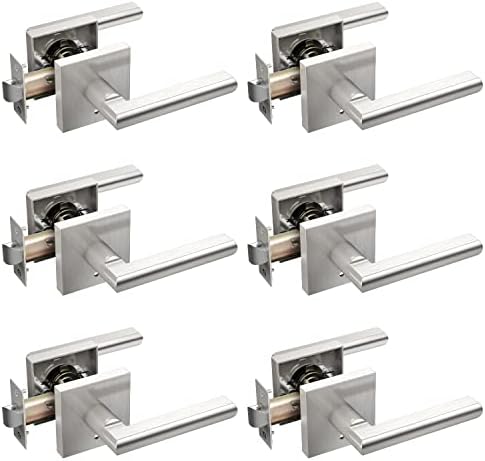 Ohuhu 6 Pack Door Handle, Satin Nickel Door Lever with Emergency Lock, Door Knobs Modern Contemporary Slim Square Design for Home Bedroom or Bathroom Privacy