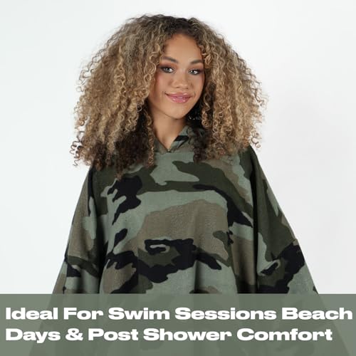 Brentfords Camo Print Towel Poncho Wrap Cover Adult Hooded Large Bath Swim Surf Beach Absorbent Microfibre Changing Dry Robe Men Quick Dry, Khaki Green