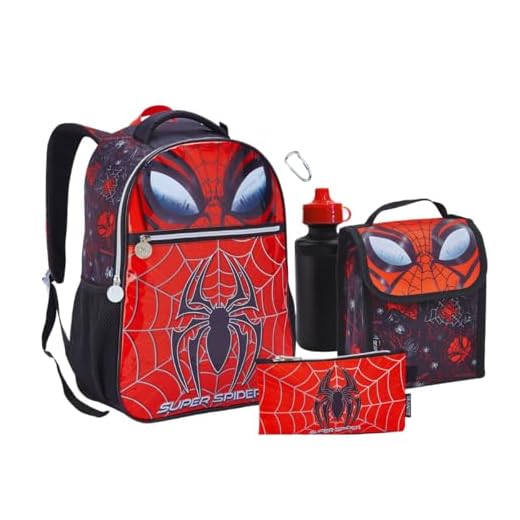 Kit Mochila de Costas Infantil Escolar Menino Com Lancheira Estojo Garrafa e Mosquetão 5 Peças (Vermelho Aranha)