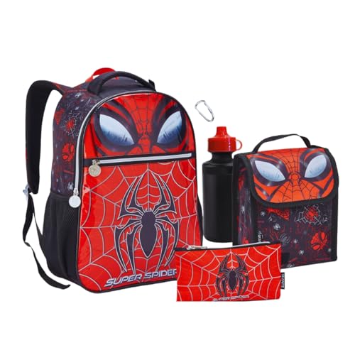 Kit Mochila de Costas Infantil Escolar Menino Com Lancheira Estojo Garrafa e Mosquetão 5 Peças (Vermelho Aranha)