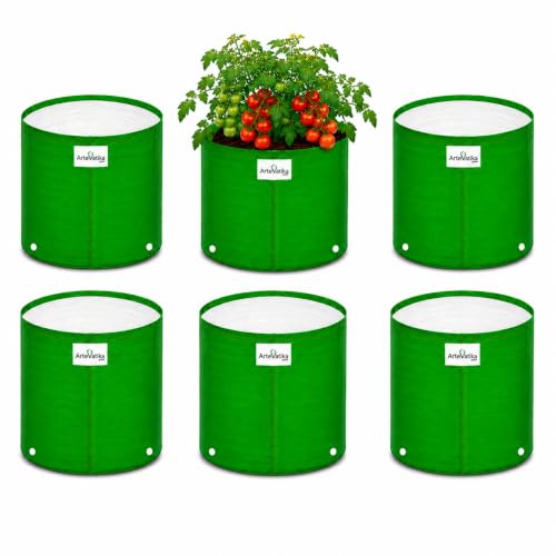 Image of Grow Bags for Terrace Gardening, Premium HDPE Green-Orange Large Planters for Fruit Trees, Vegetables, Flowers & Home Garden Pack of 6(15x15)