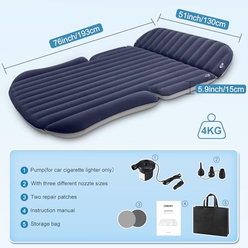 Ciremiv Auto Matratze mit Doppelseitiger, Dicker Beflockung,Auto Luftmatratze mit Pumpe und Eingebautem Kissen/Auslaufsichere, Bequeme, Langlebige Autobett,Car Bed für Autocamping, Roadtrip