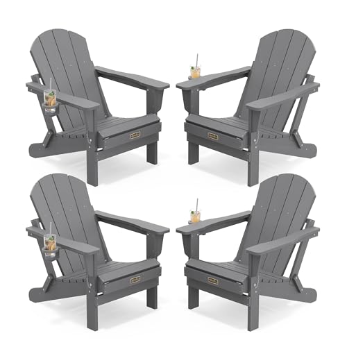 SERWALL Folding Adirondack Chair Set of 4 with Cup Holders, Fire Pit Gray