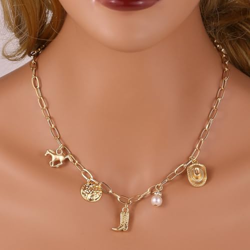 Western Cowboy Necklaces for Women Trendy Cowgirl Hat Boots Charm Gold Chain Necklace Western Cowgirl Costume Jewelry Cowboy Hat Boot Pendant Necklace for Women3