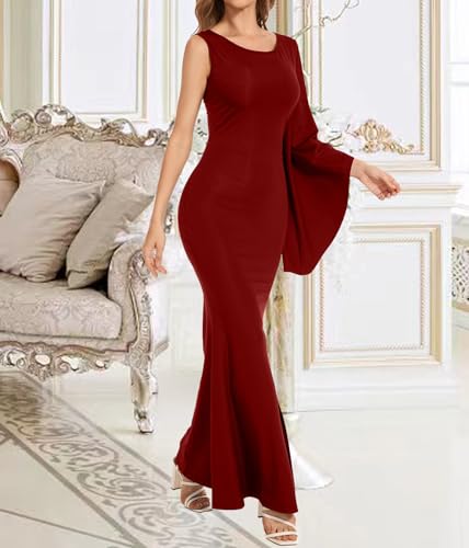 Image of Women's Elegant One Bell Sleeve Side Split Bodycon Long Formal Evening Dress