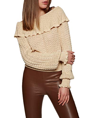 Free People Womens Knit Ruffled Sweater Beige S