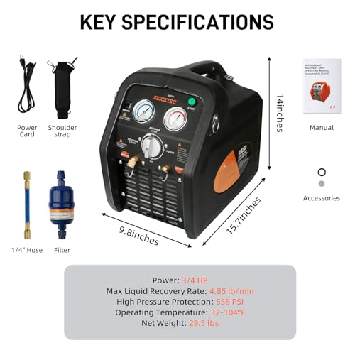 SEICETEC 3/4 HP Refrigerant Recovery Machine R32 R1234yf, Fluorescent Gauges & Carrying Strap by SEICETEC - Image 7
