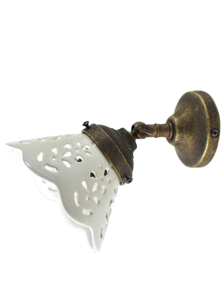 Applique Lampada da Parete in Ottone con Ceramica Traforata Bianca