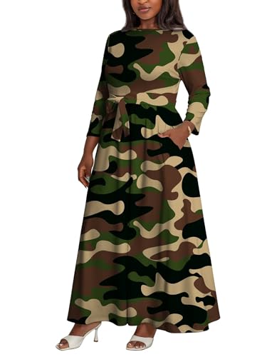 Plus Size Maxi Dress for Curvy Women with Belt Crew Neck 3/4 Sleeve Flowy Long Outfits Sizes L to 5XL