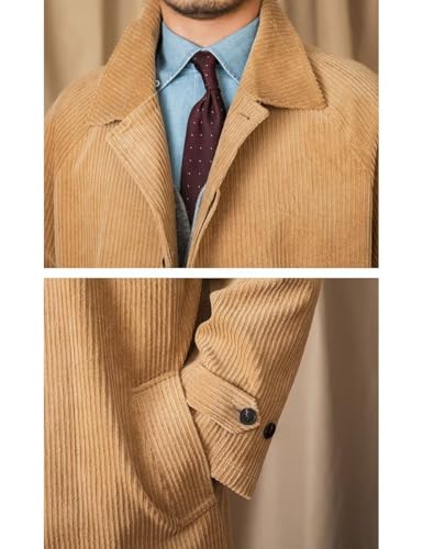 ONAXTDA Men's Corduroy Stripes Overcoat Slim Fit Single Breasted Lapeled Casual Long Jacket Pea Coat with Pockets4
