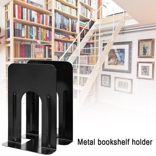 FRENYEAR Metal Non-Slip Bookend Pair Bracket Heavy Book End Office Book Stopper Desk Organizer Book Holder Bookends Office Accessories (Black) 4