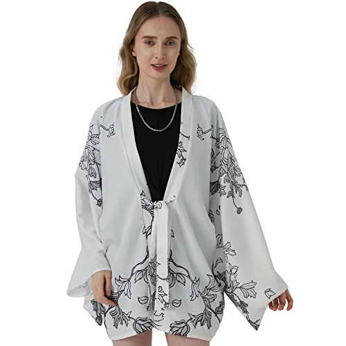 G-LIKE Kimono japonés con adornos florales - Traje tradicional de tela de plumas Haori Robe Overjacke Parasol Chaqueta de estilo antiguo camisón Albornoz Ropa de dormir para mujer, Blanco, Talla única