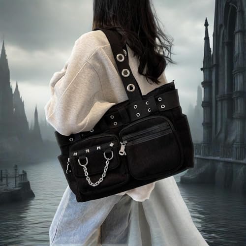 Image of Tote Bag for Women, Corduroy Gothic Purse Goth Bag with Zipper for College, Work, Travel, Gym