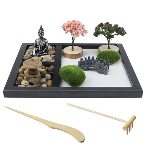 Nizirioo Ensemble de jardin miniature - Cadeau miniature - Sable zen japonais - Socle en bois pour...