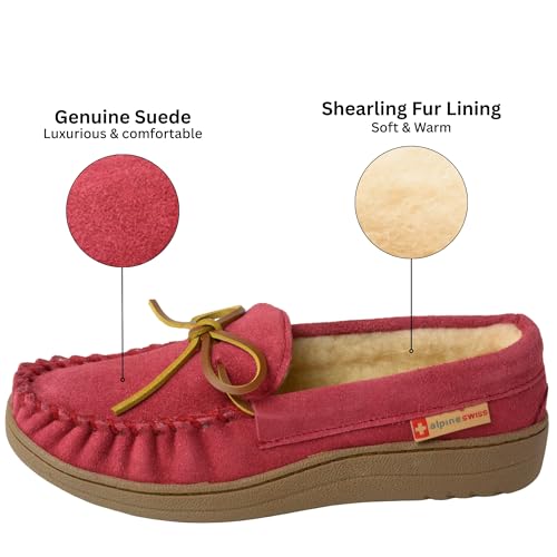 Image of Alpine Swiss Sabine Womens Moccasin Slippers Genuine Suede House Shoe Memory Foam Insole Plush Faux Shearling Fur Indoor Outdoor Anti-Slip Rubber Sole