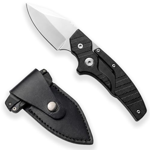 Mfitjetng Manual Pocket Knife with Push-Pull Opening Sliding EDC Knife with Sheath for Camping Hiking Everyday Carry Gift for Men (Stonewashed Black)