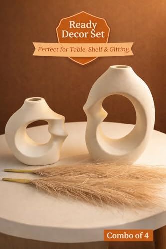 Image of Como Boho Vase Set with 2 Pampas - Modern Ceramic Hollow Donut Vases for Home Decor, Neutral Minimalist Table Centerpiece, Rustic Farmhouse Shelf Decoration, Beige Nordic Aesthetic Gift Set