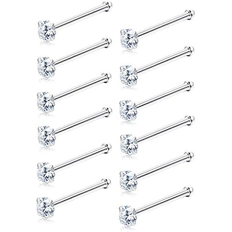 Sllaiss 12Pcs Nose Studs Rings Made with Austrian Crystal Piercing Pin Body Jewelry 1.5mm Surgical Stainless Steel 4 Prongs Setting Nose Stud Piercing Jewelry Set Cover