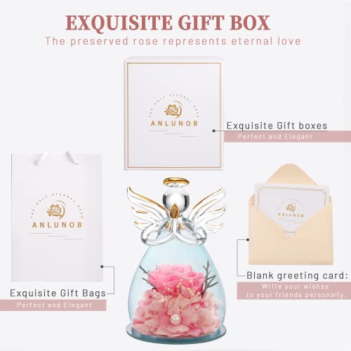 ANLUNOB Christmas Preserved Rose Birthday Gifts for Women Mom Grandma Wife, Glass Angel Figurines Gifts with Pretty Pink Flowers for Anniversary Thanksging Day