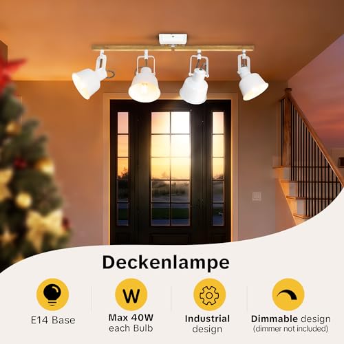 Plafonnier industriel blanc à 4 spots orientables E14 avec base rectangle bois - 2