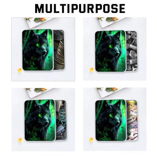 Image of Metal Tin Box with Lid,Multi-functional Storage Box Can Store Tea Biscuits Game Cards, Playing & Tarot Cards-Comes with 4 Magnetic Cord Clips,Wolf with Glowing Green Eyes