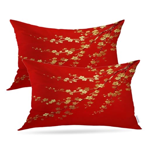 Batmerry Golden Blossoms Throw Pillow Covers, Red Background with Gilded Branches Decorative Pillow Covers Digital Printing Blended Fabric for Couch Sofa Bed Invisible Zipper 12X20 in(Set of 2)
