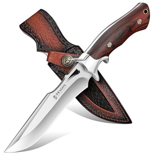 Dragon Creek Fixed Blade Knife - Bowie Knife with Wooden Handle Leather Sheath for Fishing Camping Men Gift