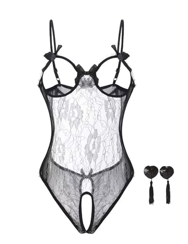 Fem&Fata One Piece Lingerie for Women Sexy Bodysuit Lace Teddy Babydoll Nightwear S-XXL Black