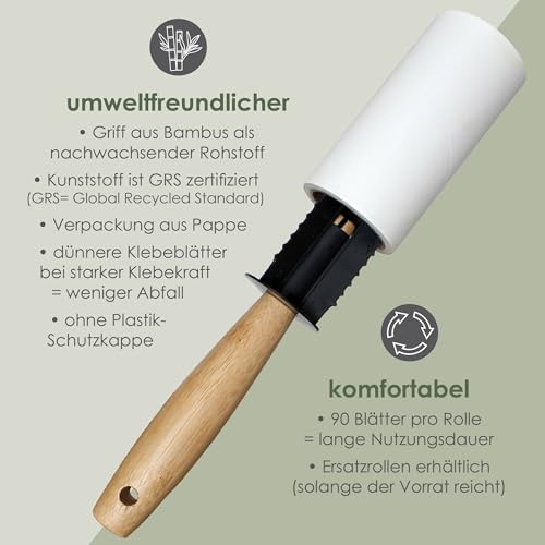 Waldana Fusselrolle - 6 Rollen je 90 Blatt (540 Blätter) mit 2 Bambusgriff Abrollern I Fusselrolle Tierhaare Kleidung Flusenroller Lint Roller Kleiderroller Tierhaar Katzenhaar Hundehaar