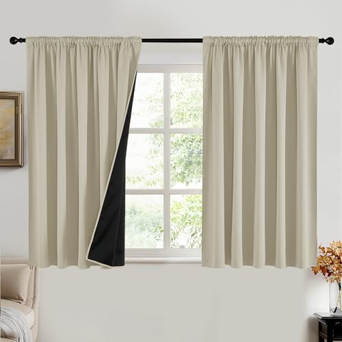 PONY DANCE 100% Blackout Curtains for Bedroom - Pencil Pleat & Rod Pocket Thermal Full Blackout Curtains & Drapes Light Blocking 2 Panels for Living Room with Black Liner, 66 x 54 Inch, Light Beige - Image 9
