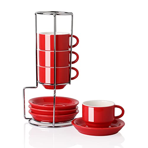 Sweejar Porcelain Espresso Cups With Saucers, 2.5 Ounce Stackable Cappuccino Cups With Metal Stand For Coffee Drinks, Latte, Tea - Set Of 4 (Red) #TOP29