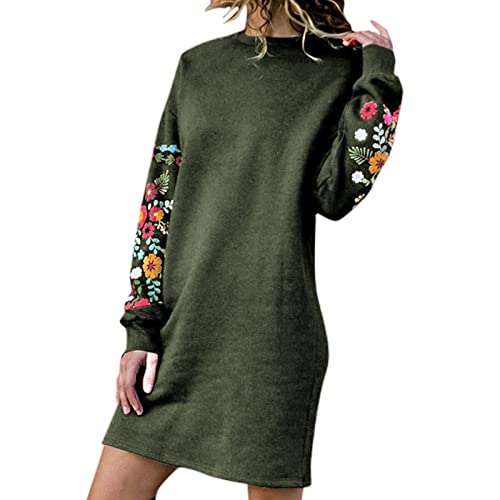 Herbstkleid Damen Pulloverkleid Damen Blumenmuster Sweatshirt Jumper Kleid, Longpullover Herbst Winter Langarm Minikleid Feinstrick Pulli