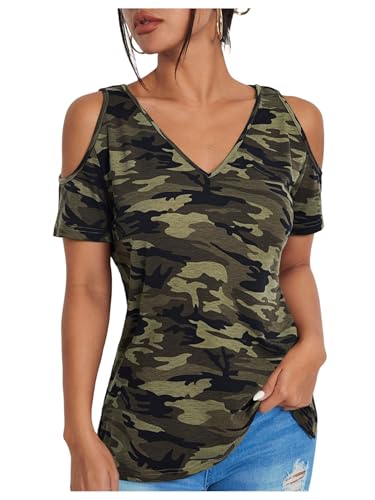 Women's Camo Cold Shoulder T Shirt V Neck Short Sleeve Slim Fit 2025 Summer Tee Tops