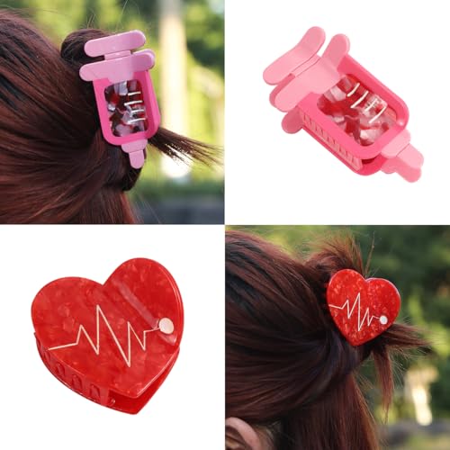 Syringe Hair Claw Clip for Women,Acetate Hair Clip Red Heart Claw Clips,Small Heart Shape Hair Claw Clips for Women Gift