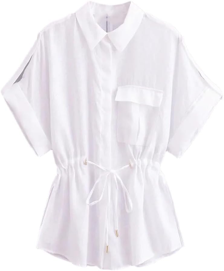 Women's Textured Drawstring Waist Short Sleeve Shirt