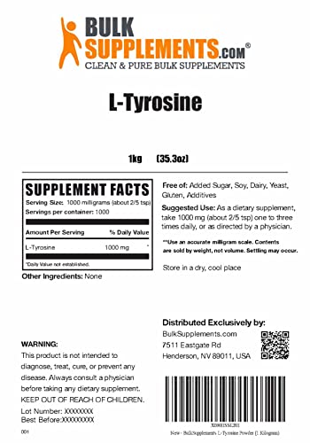 Bulksupplements.com L-Tyrosine Powder - Amino Acids Supplement For Energy & Focus - Unflavored, Gluten Free - 1000Mg Per Serving, 1000 Servings (1 Kilogram - 2.2 Lbs) #TOP1